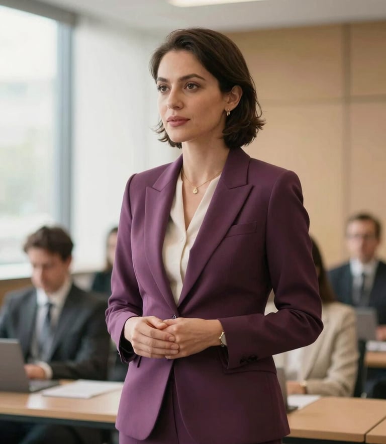 Elegant portrait of a female executive speaking confidently in a naturally lit conference hall, warm editorial tones, shallow depth of field, 35mm