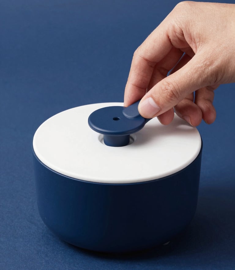 Close-up of a hand unboxing a clever minimalist kitchen gadget under bright studio lighting, clean navy blue background