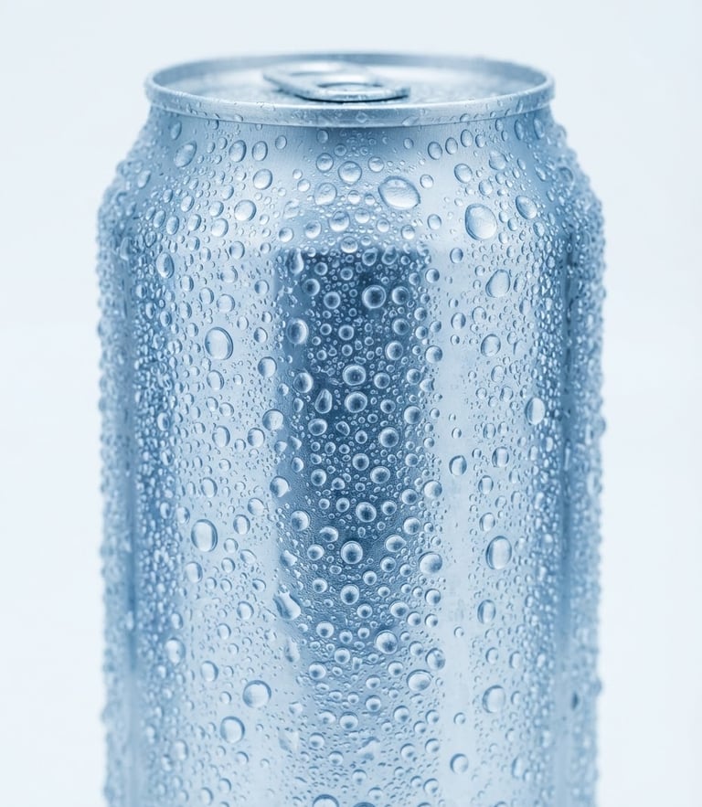 Macro close-up of a condensation-beaded aluminum can of vitaaqua water, sharp focus, cool blue studio lighting, minimalist white backdrop, 50mm