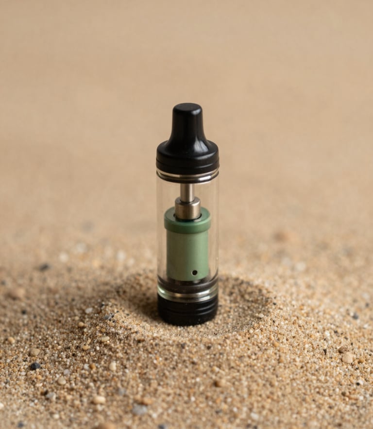 Macro shot of a sleek glass vape cartridge resting on a textured warm sand stone surface, soft morning light, earthy green and warm sand tones.
