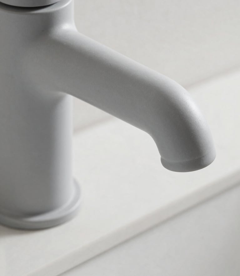 Macro detail shot of a matte grey architectural faucet, bright neutral daylight, clean slate background, sharp focus