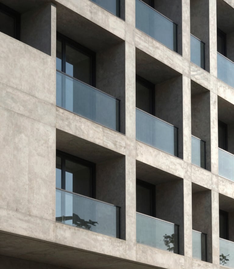 Elegant architectural detail of a modern concrete and glass facade, sharp morning daylight, deep shadows, minimalist lines, 35mm photography