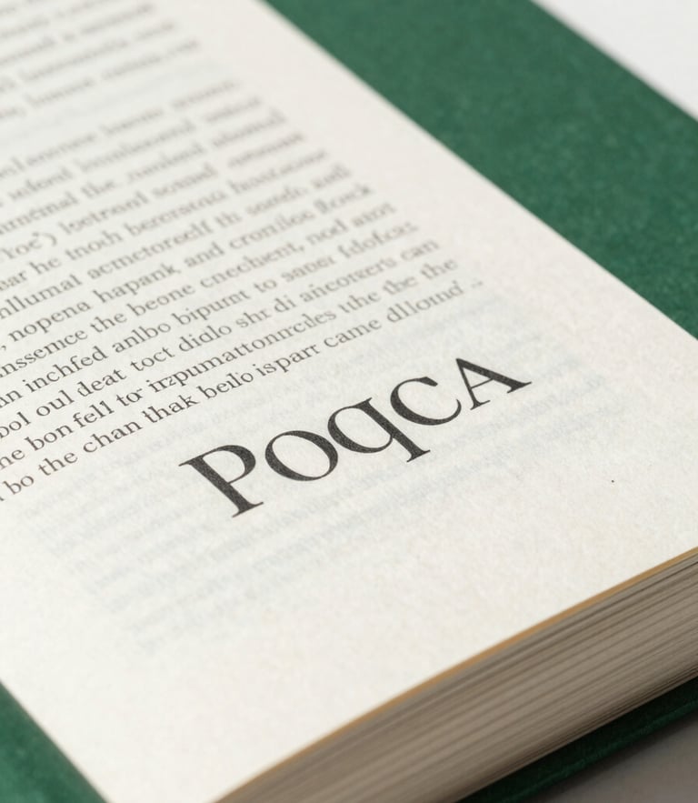 Close-up of high-quality printed book pages with sharp serif typography, warm natural daylight, deep forest green cover visible, clean editorial photography, sharp focus