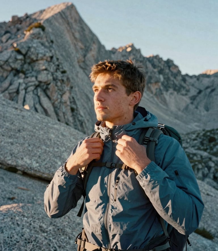 Environmental portrait of a hiker adjusting their heavy-weight cotton apparel, crisp morning light over granite peaks, 35mm film style.