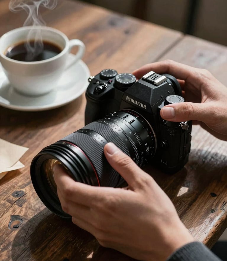 A close-up, tactile shot of hands adjusting a professional camera lens over a rustic wooden table with a steaming cup of coffee and parchment paper, soft natural side-light casting deep shadows.