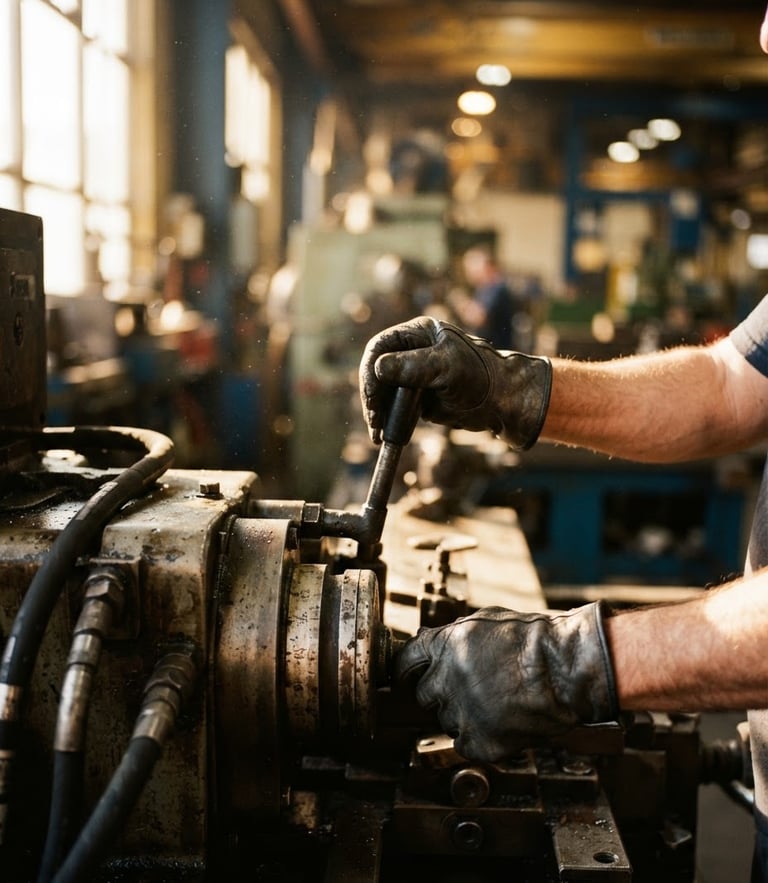 A close-up of hands operating heavy machinery in a Sherbrooke manufacturing facility, warm industrial daylight, authentic environmental documentary photography, 35mm.