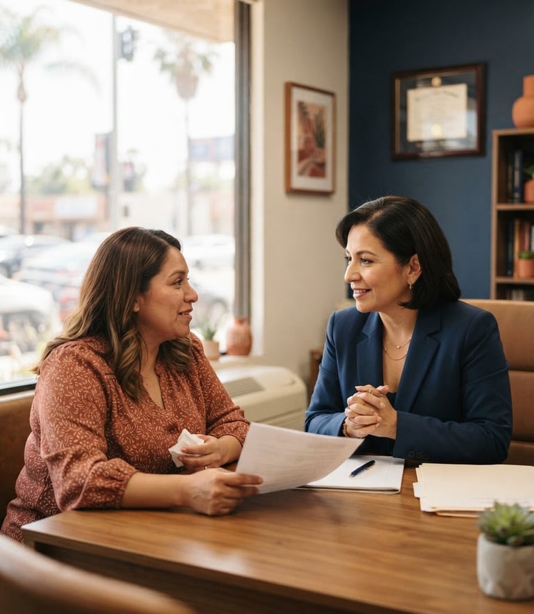 Warm environmental portrait of a Hispanic attorney in El Monte, talking compassionately with a client in a sunlit office, terracotta accents, navy blue tones, shallow depth of field