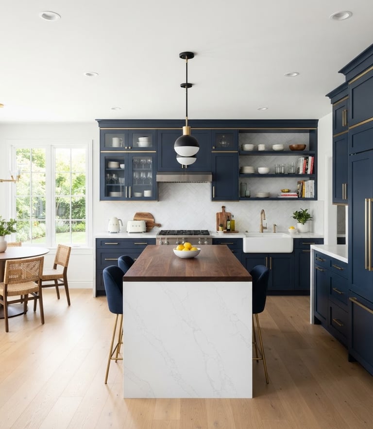 Straight-on architectural photo of a modern kitchen remodel, bright natural daylight, clean white countertops and navy blue cabinets, sharp focus
