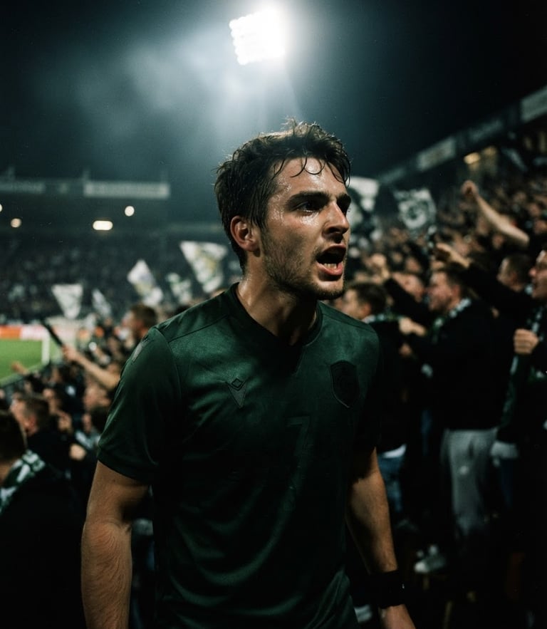 Moody athletic close-up of a supporter wearing a dark green football kit, dramatic stadium floodlight illumination, high-contrast 35mm film.
