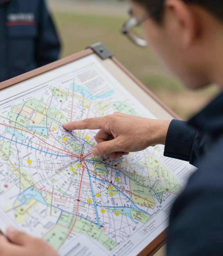 Close-up of an instructor pointing to a technical logistics map during an emergency simulation, natural daylight, focused expression, operational setting.
