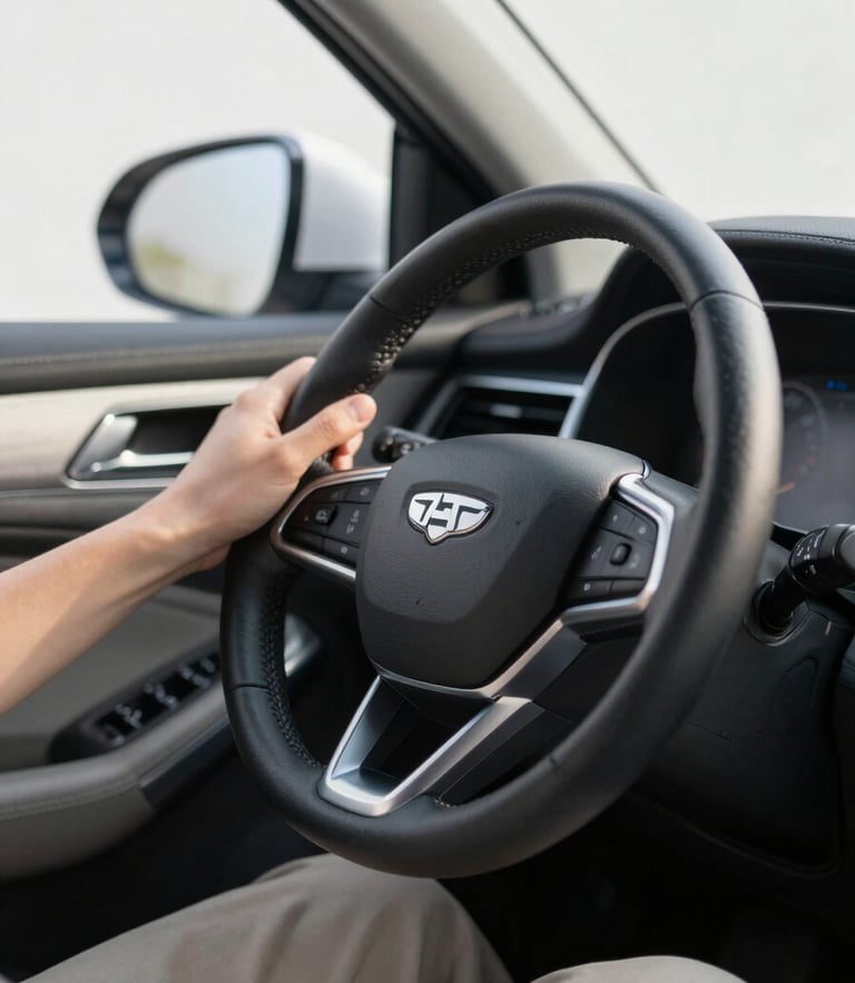 A close-up of hands on a leather steering wheel of a modern manual car, soft morning light filtering through the window, professional 35mm photography.