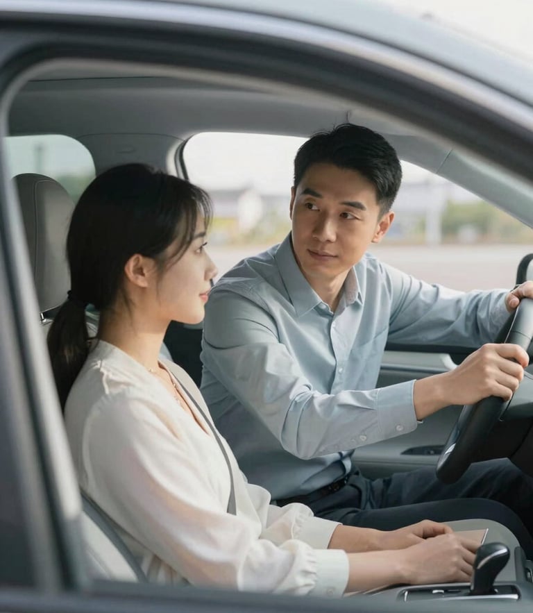 Medium interior shot looking from the back seat of a clean modern automatic car, a calm instructor guiding a confident student, soft morning daylight