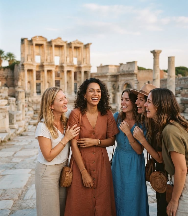 Warm editorial photography of a group of joyful women laughing together against the backdrop of the ancient ruins of Ephesus, soft golden-hour light, rich terracotta tones, shallow depth of field, 35mm film look.