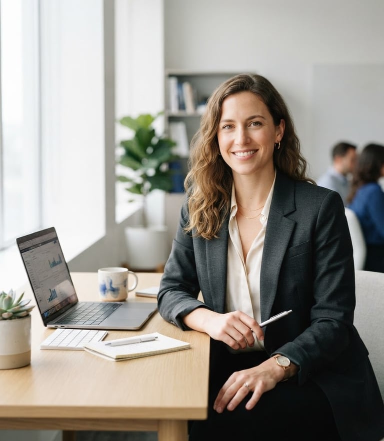 Confident portrait of a female digital strategist sitting at a minimalist desk, bright natural daylight, sharp focus, neutral tones with subtle cobalt accents, 35mm