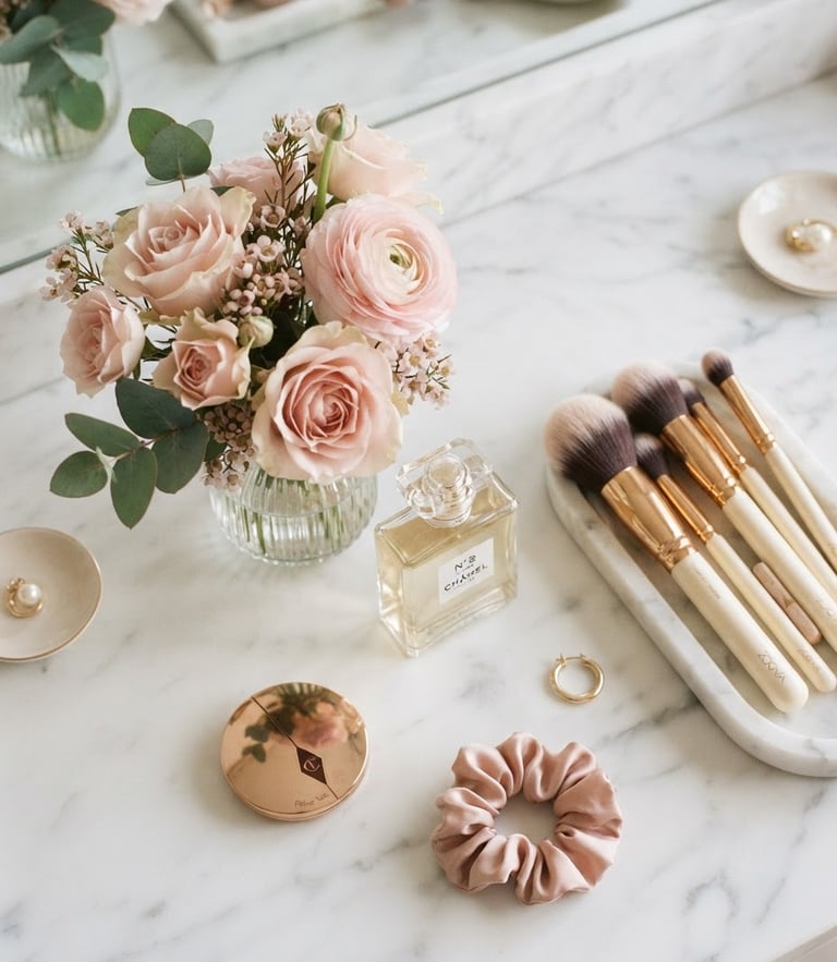 Soft-focus overhead flatlay of a white marble vanity with delicate pink flowers, a perfume bottle, and gold makeup brushes in warm morning light