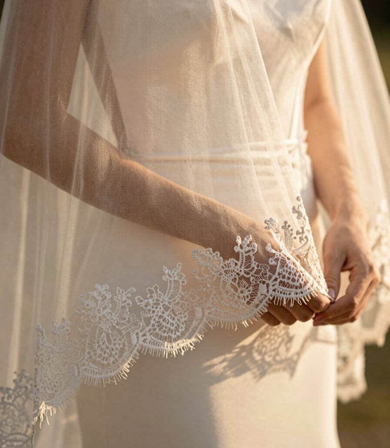 Close-up of a bride's hands holding a delicate lace veil in warm golden-hour sunlight, soft champagne tones, shallow depth of field