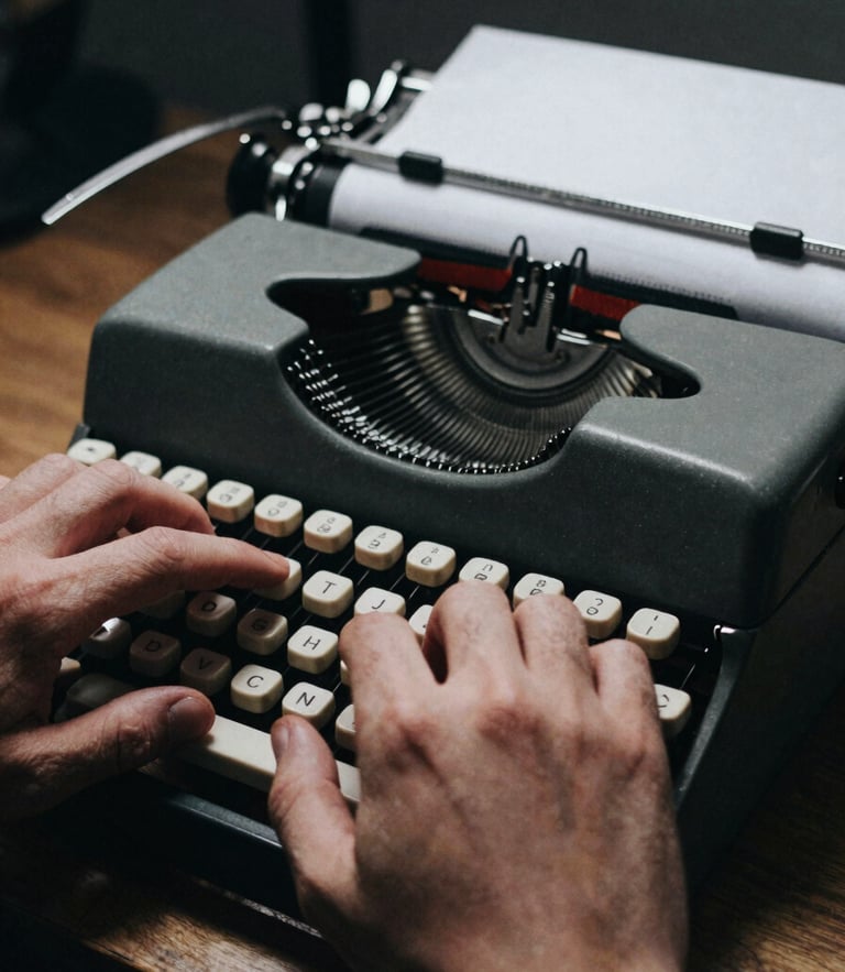 Environmental close-up of a journalist's hands typing on a vintage mechanical typewriter, high-contrast side-lighting, desaturated tones, grainy 35mm film style.