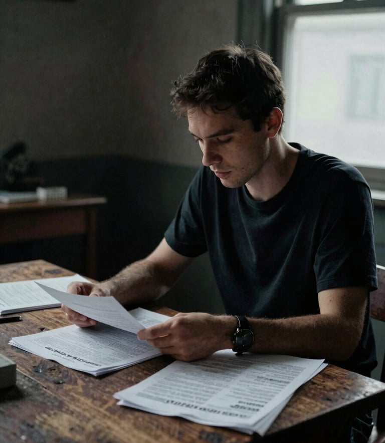 Environmental portrait of a male journalist sitting at a rustic wooden table in a dimly lit room, side-lighted by soft window light, focusing on printed documents, desaturated tones, deep blacks, high contrast, 35mm film grain