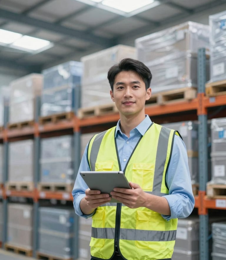 Professional logistics team coordinator in a high-visibility safety vest holding a tablet, standing in front of organized warehouse racks, bright lighting, confident industrial look