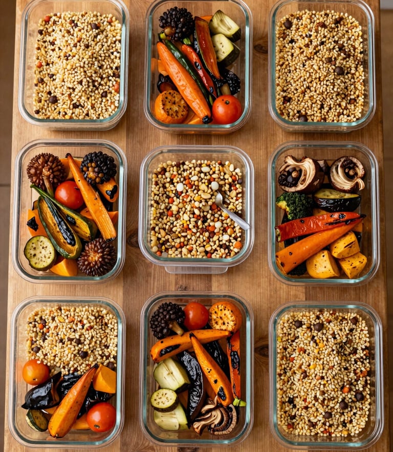 Top-down overhead shot of organized glass meal prep containers filled with roasted seasonal vegetables and grains on a rustic wooden table, warm kitchen daylight