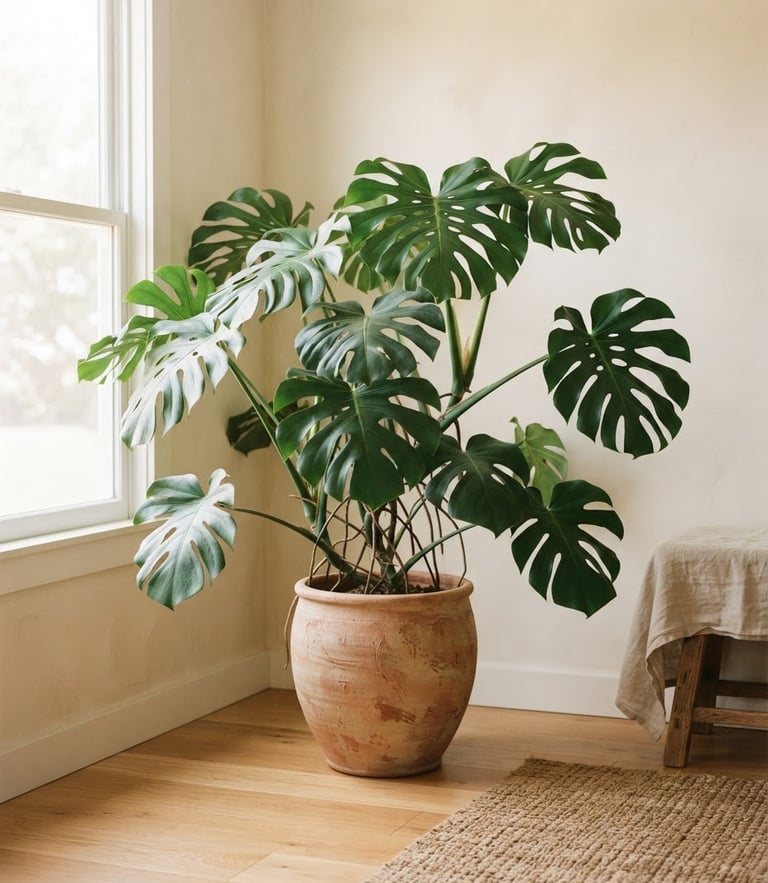 A tall Monstera Deliciosa in a terracotta designer pot, styled in a minimalist sunlit room corner, warm editorial photography, soft coastal daylight, 35mm