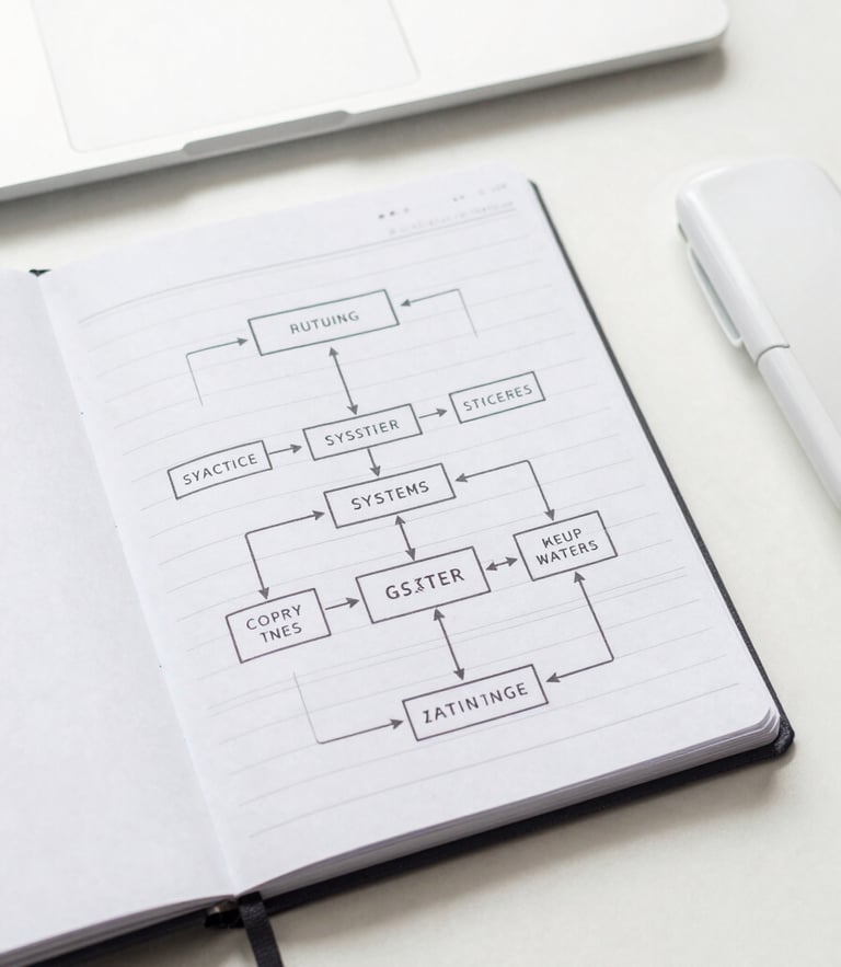 Overhead desk layout with a structured systems diagram notebook, sharp focus, high-key daylight, minimalist white and gray tones