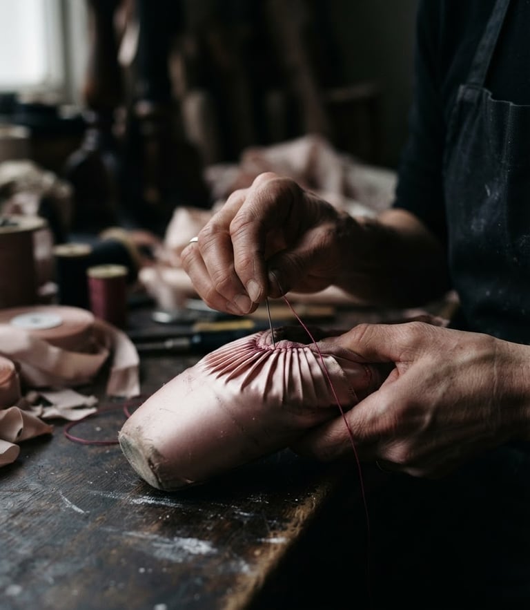 Macro detail shot of a craftsman hand-stitching the pink satin pleats of a pointe shoe, soft backstage studio lighting, elegant editorial style, 85mm lens