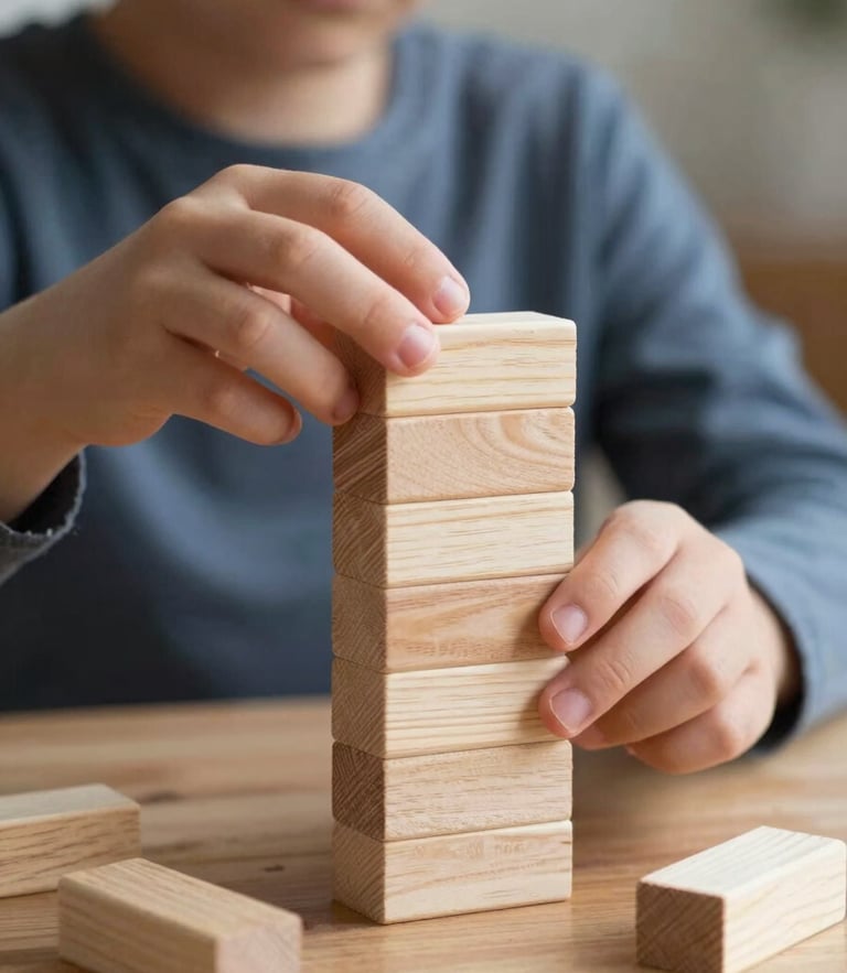 A portrait image of a child's hands carefully stacking natural beechwood blocks on a low oak table, soft morning side-light.