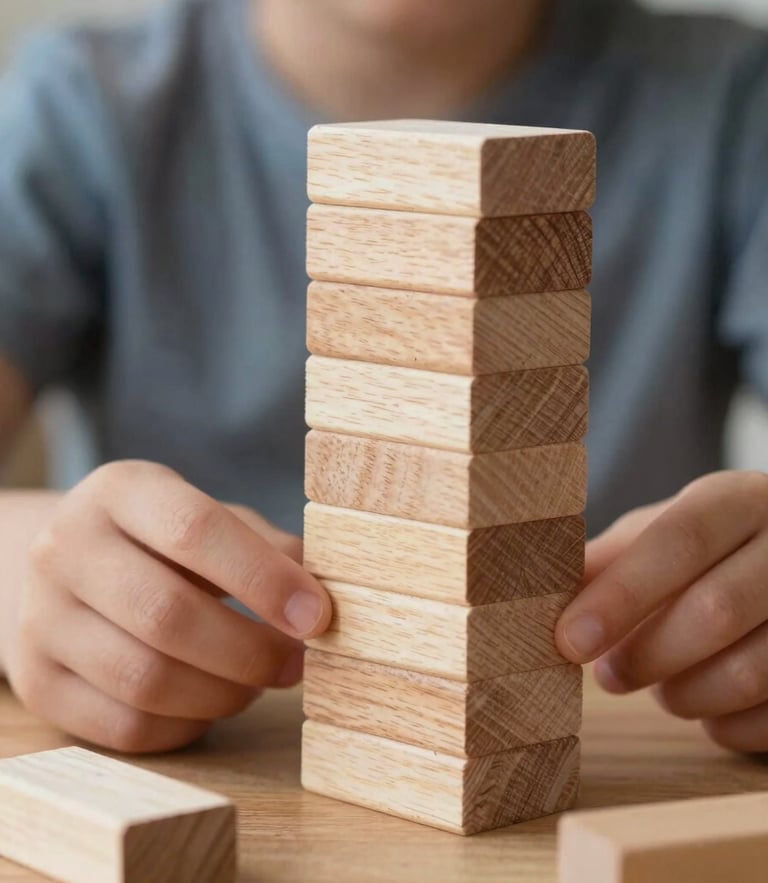 Close-up macro shot of a child's hands stacking solid beechwood blocks on a low wooden table, soft natural side-light, shallow depth of field.
