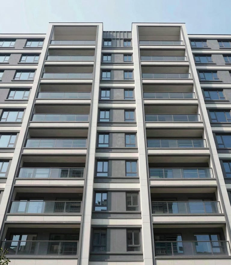 Symmetrical wide-angle architectural shot of a modern multi-family residential building exterior with clean lines under bright, diffused daylight.