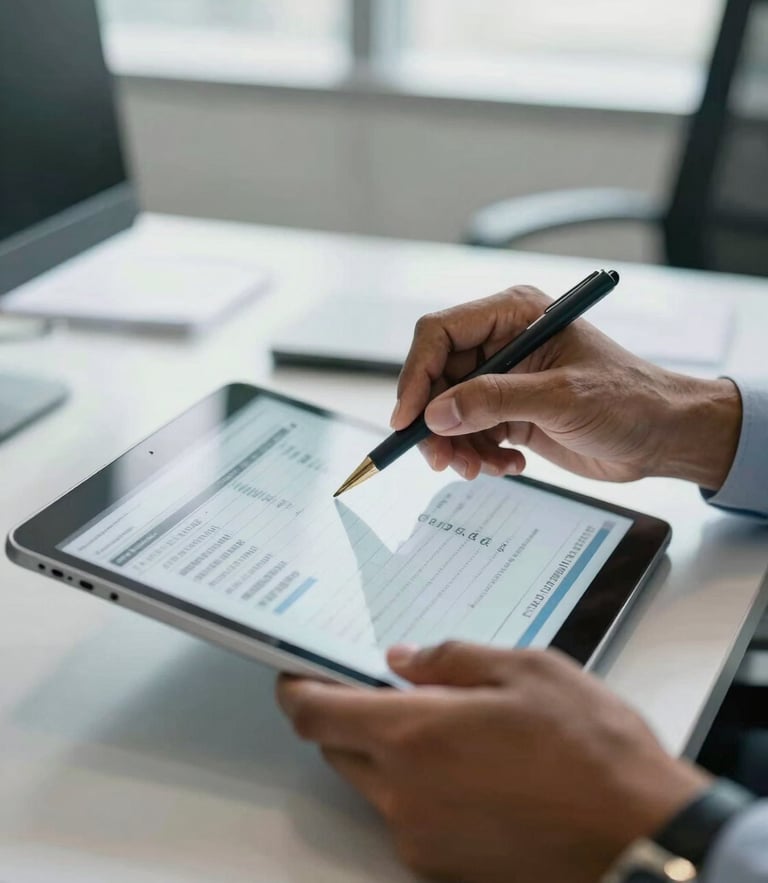 Sharp medium close-up of a professional Indian CA reviewing financial ledgers on a modern tablet in a daylight-filled corporate office.