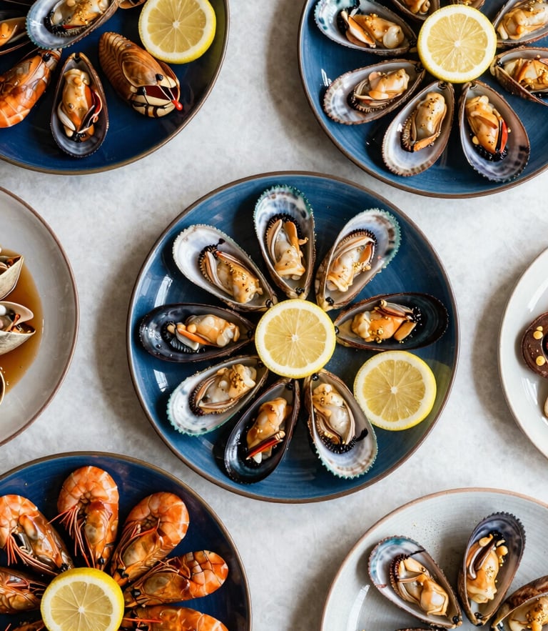 Overhead flat-lay of glistening seafood BBQ platters with lemon slices and gold accents, warm editorial food photography, bright natural dining light, 35mm