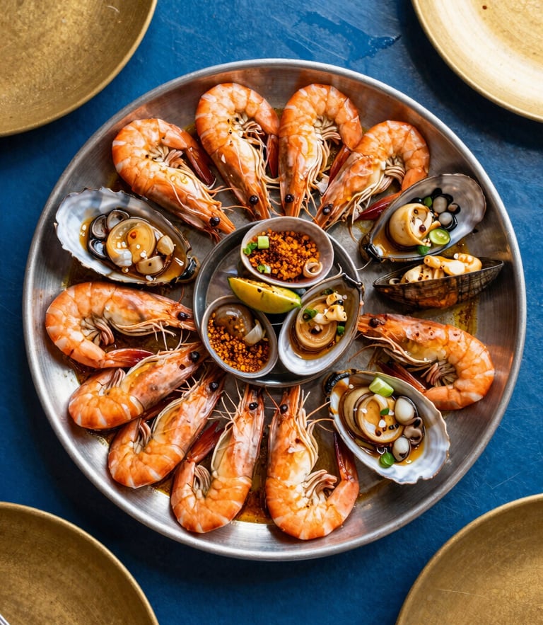 Overhead flat-lay of a premium Bangladeshi seafood BBQ platter, glistening with spices, warm dining light, 35mm