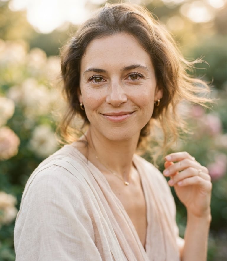 A close-up portrait of an elegant woman wearing a flowing neutral linen dress, soft golden-hour daylight, muted cream and blush tones, shallow depth of field, 35mm