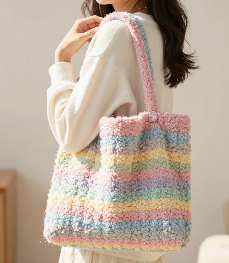 Warm editorial portrait of a smiling young woman holding a colorful tufted pastel bag, bright natural daylight, soft textile textures in background, shallow depth of field