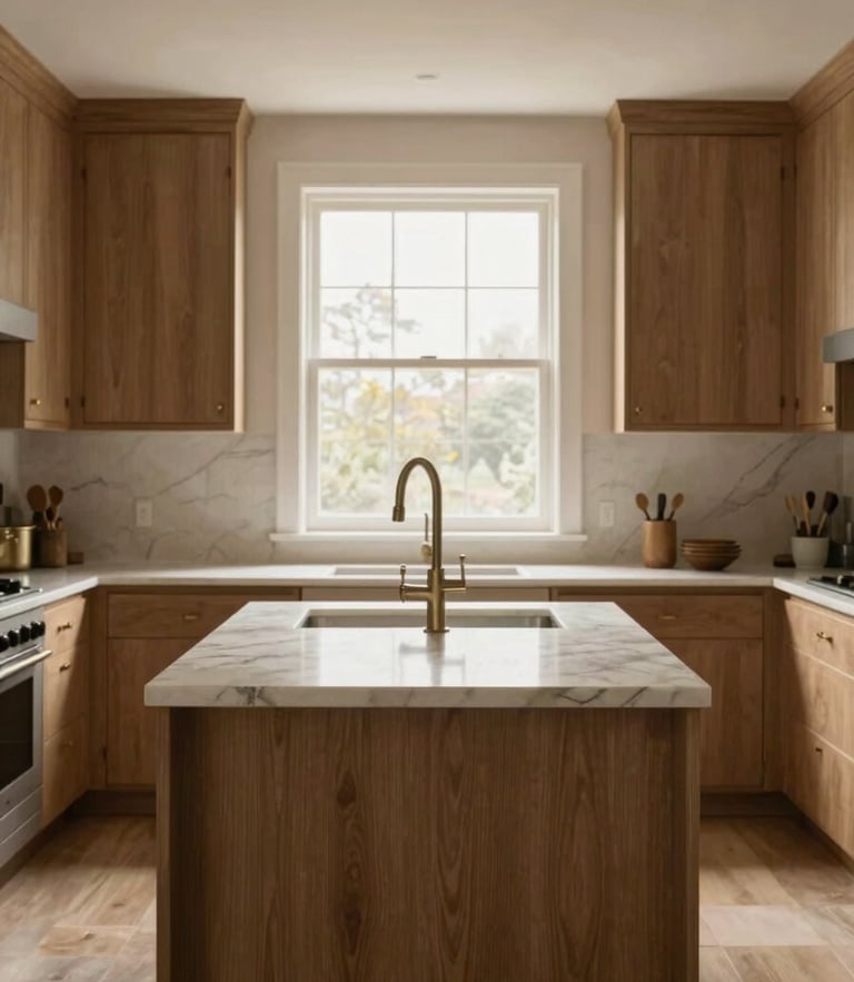 Straight-on architectural view of a renovated kitchen with a large marble island, soft natural window light, warm oak cabinets, 35mm lens