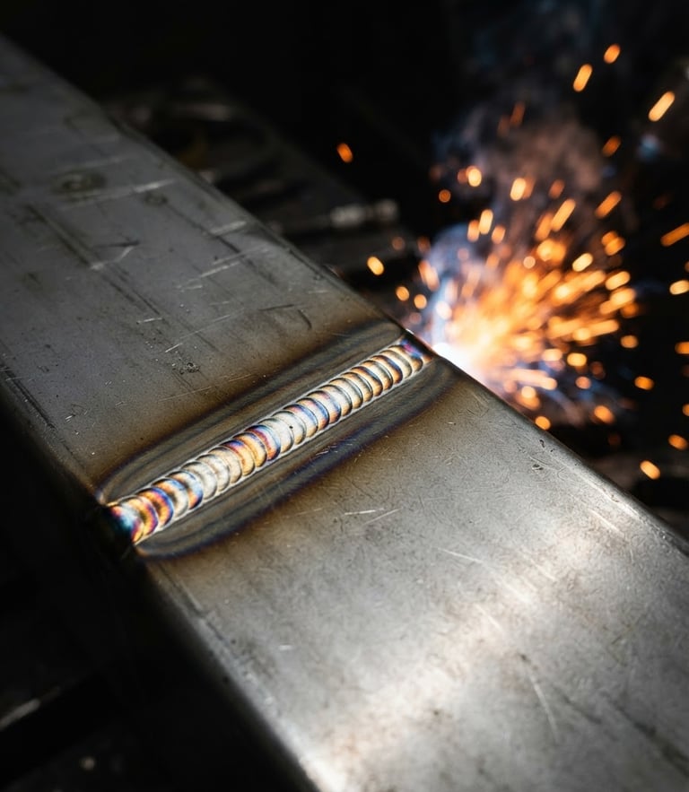 Macro shot of clean, high-tolerance TIG weld bead on stainless steel joint, high-contrast industrial shop lighting, glowing orange sparks in the background