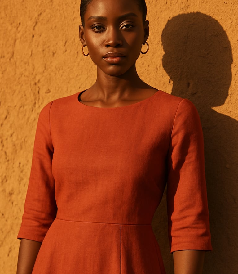 Portrait of an elegant West African woman in a terracotta minimalist linen dress, standing against a sun-drenched mud-brick wall in Niamey, intense golden-hour natural light, sharp editorial fashion photography