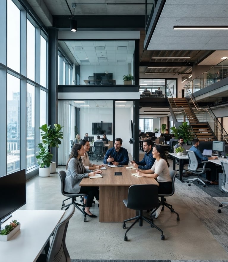Crisp corporate photography of a clean modern architectural office interior with cool daylight shadows, sharp focus, 35mm