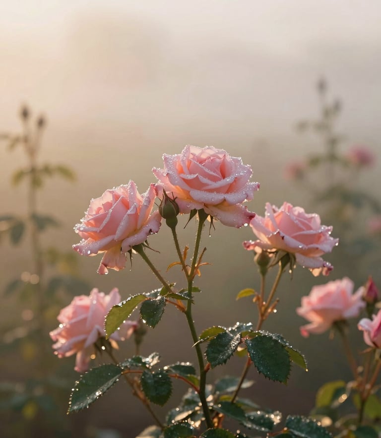 Soft morning mist over a Bulgarian rose garden, golden sunlight filtering through dew-covered petals, warm pastoral editorial photography, 35mm