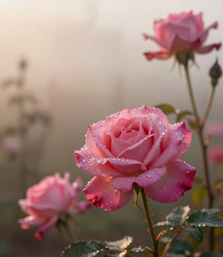 Warm morning mist over a Bulgarian rose garden, dew drops on deep pink petals, soft golden light, 35mm photography