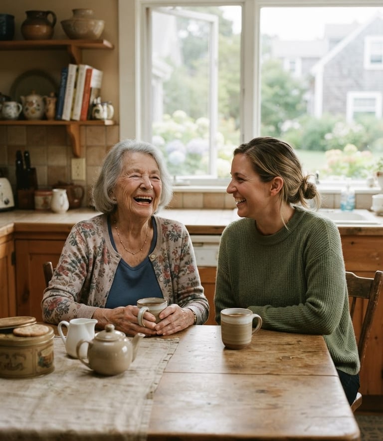A senior woman and a caregiver sharing a warm laugh over tea in a sunlit Rhode Island kitchen, soft natural window light, gentle muted earth tones, shallow depth of field, 35mm