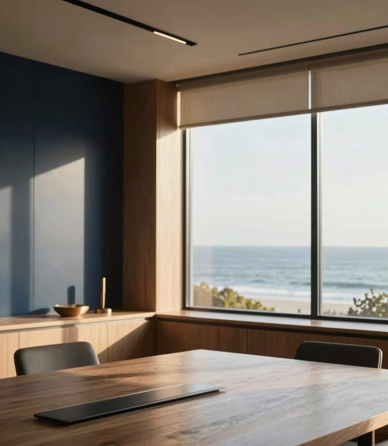 Sophisticated architectural detail of a modern coastal boardroom in San Clemente, soft coastal window light, warm wood and steel accents, shallow depth of field, 35mm