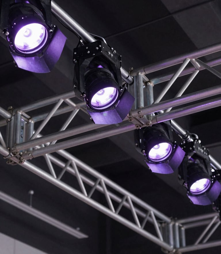 Detailed close-up of structural metal trusses and purple theater spotlights rigged to a dark ceiling, technical precision.