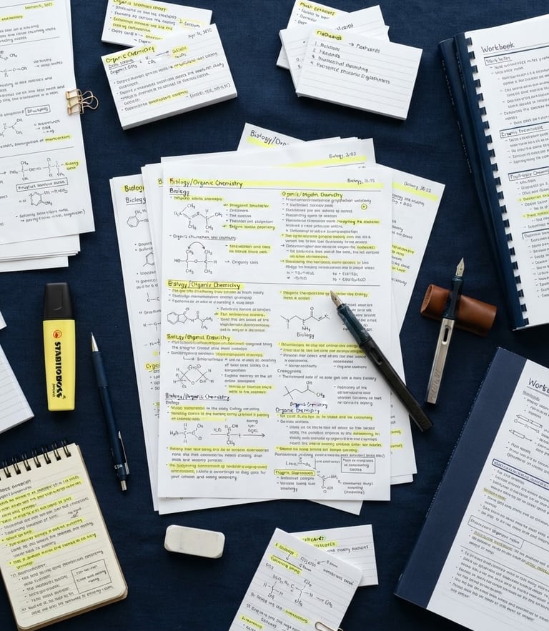 Overhead flatlay of structured study materials, highlighted exam sheets with neat notes, and a fountain pen on a deep navy blue background, clean studio light, sharp focus, 35mm