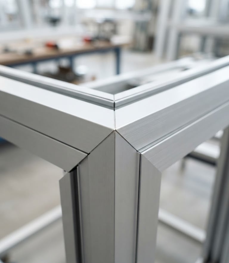Bright industrial close-up of a clean aluminum window frame corner joint, showing precision miter cuts, natural daylight reflecting on silver metallic surface, sharp focus, 35mm lens