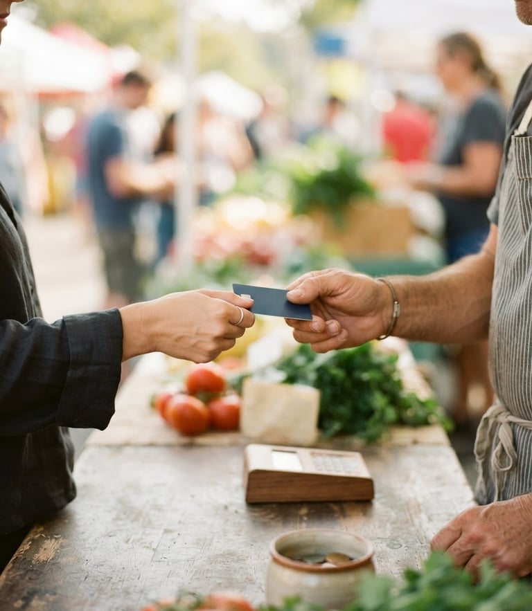 A warm close-up of hands exchanging a payment card at a local market counter, bright natural daylight, optimistic and clean tones, shallow depth of field, 35mm film look.