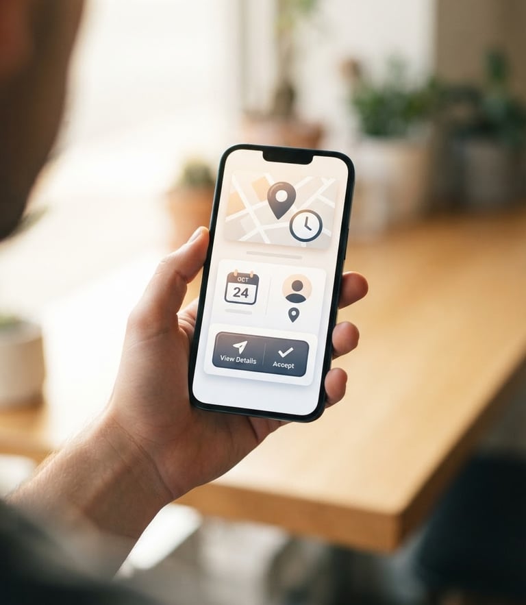 Over-the-shoulder view of a clean smartphone screen displaying a simplified Callvanta app notification showing a newly captured client job, bright natural daylight, crisp details.