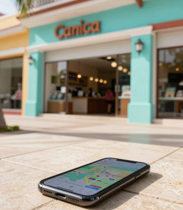 Bright tropical storefront in Cancun, warm sunlight casting shadows on a clean tiled entryway, a smartphone displaying a map in the foreground, 35mm