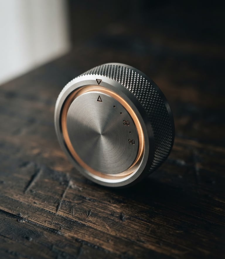 Macro close-up of a machined aluminum dial glowing softly on an oak desk under low-key side window light, shallow depth of field